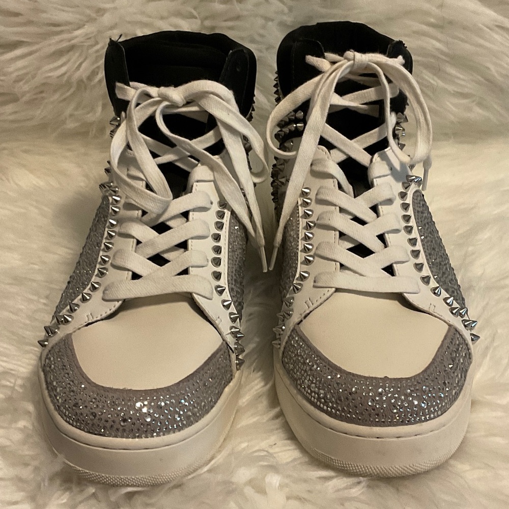 Steve Madden Spiked Rhinestone White and Silver Studded High-Top Sneakers
